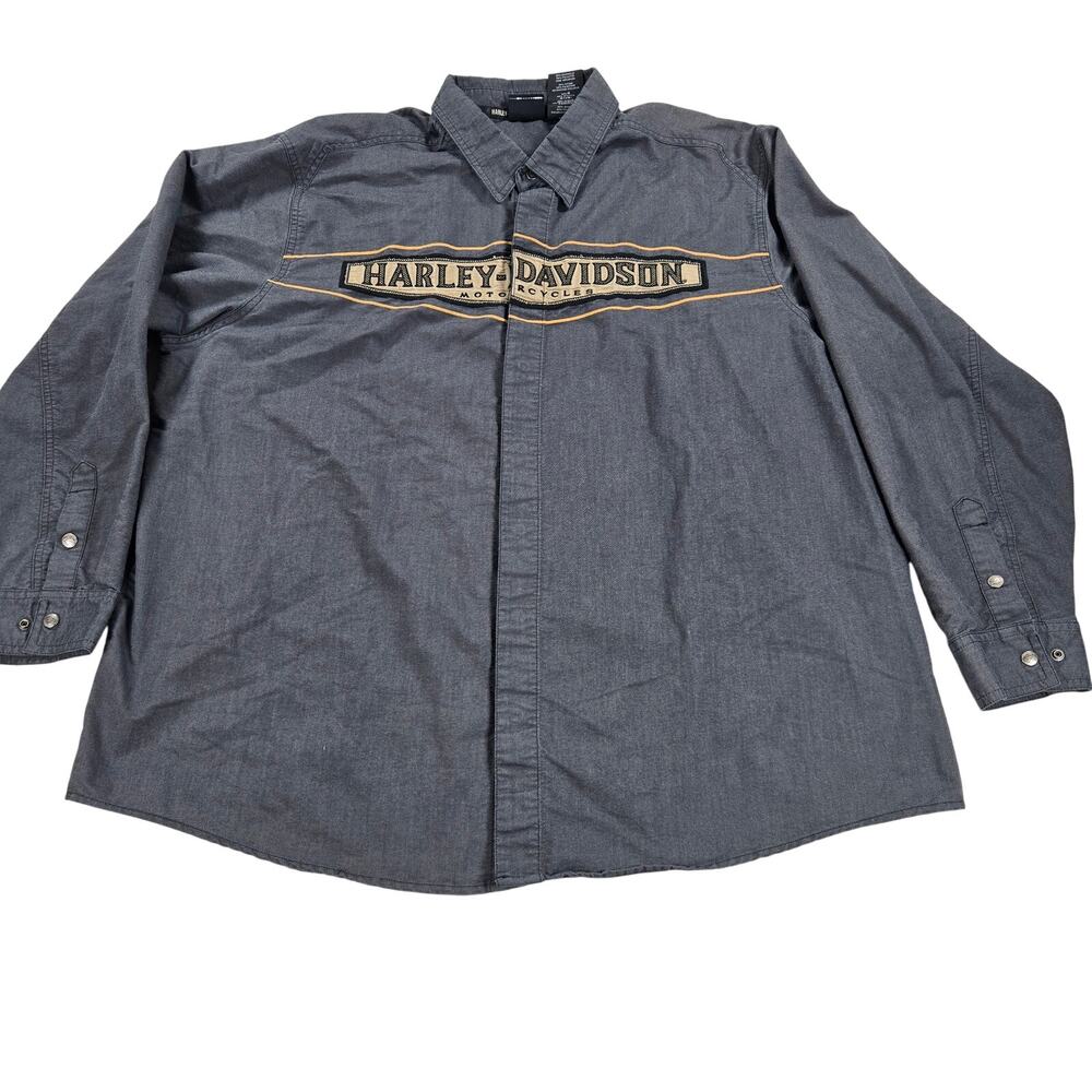 Harley Davidson Charcoal Denim Snap Long Sleeve Shirt‎ Men's Size 3XL